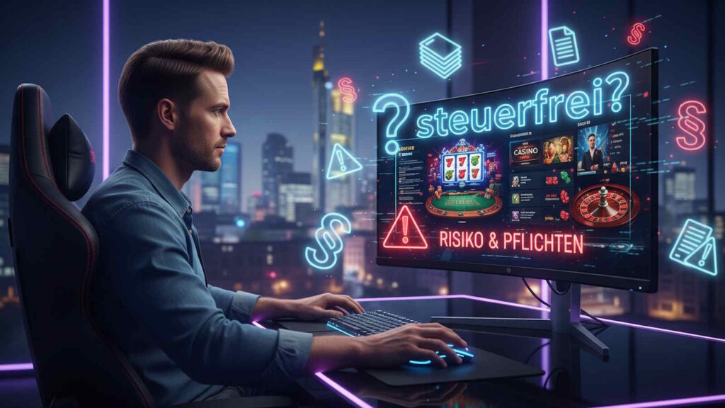 Das Bild zeigt, dass man in Online Casinos ohne Steuer einige wichtigen Rechte und Pflichten beachten sollte. Ein Mann sitzt an seinem Desktop und spielt an Spielautomaten in einem Glücksspielportal.