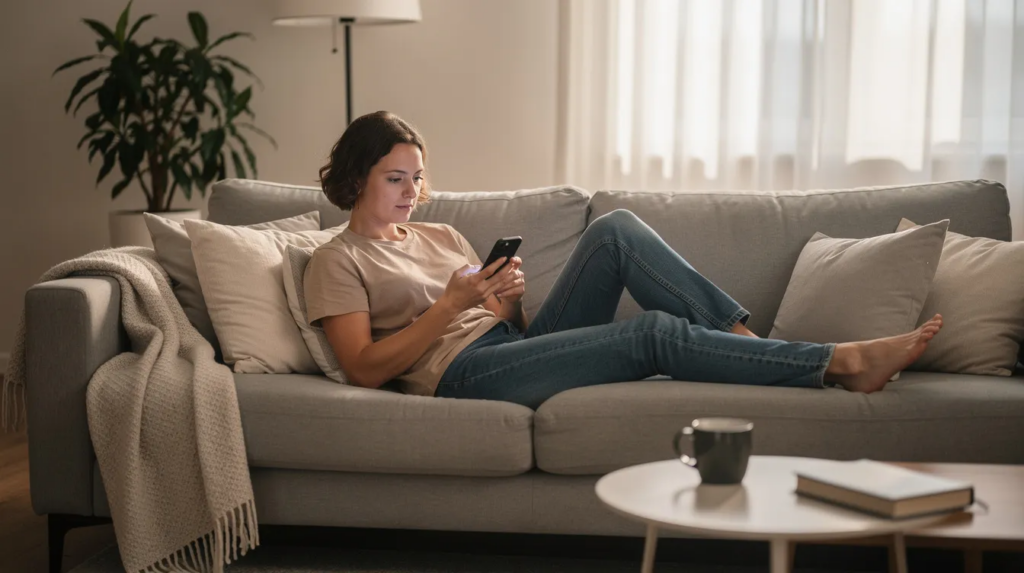 Eine Person sitzt entspannt auf einem Sofa und tippt auf ihrem Smartphone, während sie möglicherweise in einem der Mastercard Online Casinos nach den besten Zahlungsmethoden wie Visa oder Mastercard sucht. Der Raum ist gemütlich eingerichtet, was eine entspannte Atmosphäre schafft.