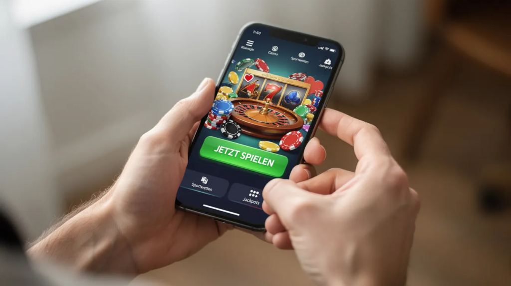 Eine Person hält ein Smartphone in der Hand, auf dem eine Glücksspiele-App geöffnet ist, die verschiedene Casino-Spiele und Spielautomaten zeigt. Die App bietet eine Auswahl an Online-Glücksspielmöglichkeiten, die den Spielern die Chance auf Gewinne und Unterhaltung im Internet ermöglichen.