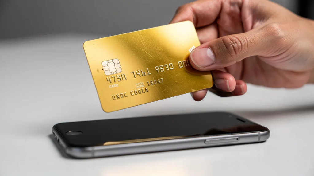 Eine Nahaufnahme zeigt eine Hand, die eine goldene Kreditkarte über einem Smartphone hält, was auf die Nutzung von Zahlungsmethoden wie Kreditkarte in Mastercard Online Casinos hinweist. Diese Darstellung symbolisiert die Verbindung zwischen modernen Zahlungsmöglichkeiten und dem Online Glücksspiel.