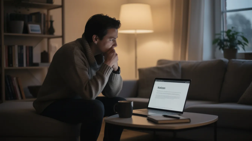 Eine nachdenkliche Person sitzt vor einem Laptop in einem ruhigen Wohnzimmer, umgeben von einem gemütlichen Ambiente. Möglicherweise erwägt sie, sich über Spielersperren und den Schutz vor Glücksspielsucht zu informieren, um ihre Spielteilnahme zu regulieren. Die Person will sich im Casino sperren lassen.