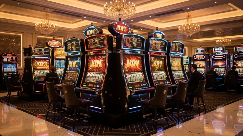In einer eleganten Spielbank stehen moderne Spielautomaten mit leuchtenden Jackpot-Anzeigen, die den Gästen aufregende Gewinnmöglichkeiten bieten. Die Atmosphäre ist geprägt von Spannung und Unterhaltung, während die Automaten verschiedene Spiele und Slots präsentieren.
