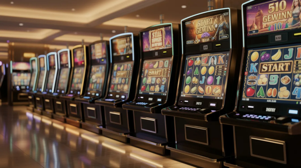 Das Bild zeigt moderne Casino-Automaten mit leuchtenden Bildschirmen und eleganter Beleuchtung, die eine aufregende Atmosphäre in einem Online Casino schaffen. Die Spielautomaten bieten eine Vielzahl von Spielen und Gewinnmöglichkeiten, die den Spielspaß und die Spannung für die Gäste erhöhen.
