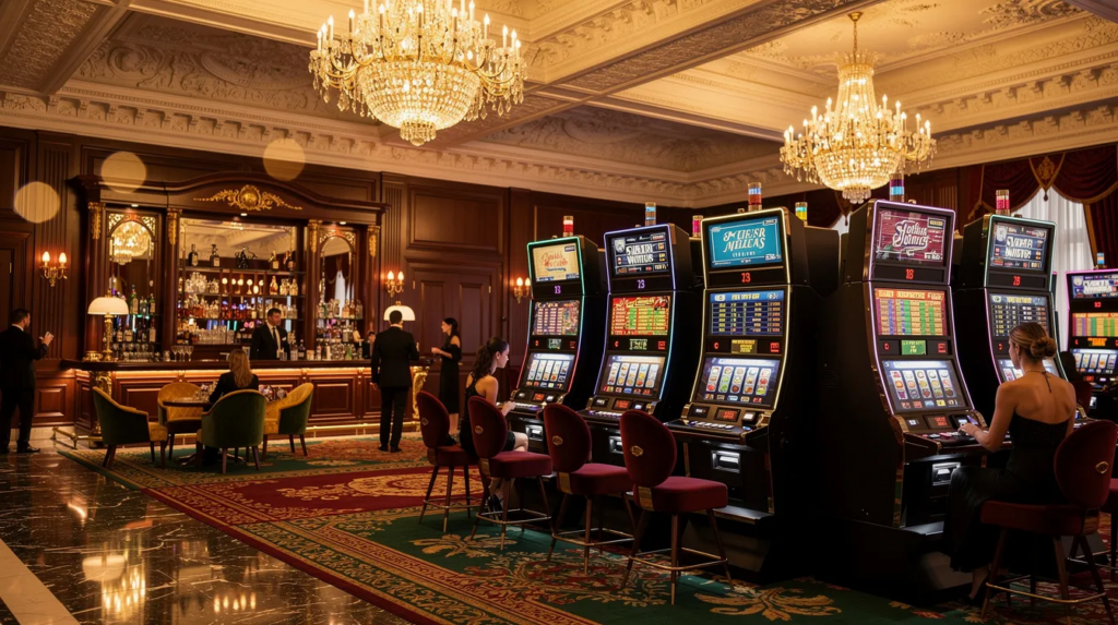 Der elegante Innenraum eines Jackpots Casinos strahlt klassisches Ambiente aus, während moderne Spielautomaten, darunter verschiedene Slots, die Gäste zur Teilnahme am Glücksspiel einladen. Diese Kombination aus traditionellem Stil und modernen Spielautomaten schafft eine aufregende Atmosphäre für alle Besucher.