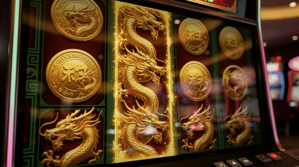 Das Bild zeigt ein Spielautomaten-Display, auf dem goldene Glücksmünzen und Drachensymbole leuchten. Diese Elemente stehen für die Spannung und Gewinnmöglichkeiten in einem Jackpot Casino, während die magische Atmosphäre des Glücksspiels spürbar ist.