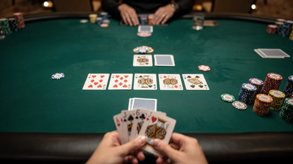 Auf dem Bild sieht man einen Pokertisch aus der Perspektive eines Spielers, auf dem die Gemeinschaftskarten sowie die Hole Cards sichtbar sind. Die Anordnung der Karten zeigt verschiedene Poker Hände, darunter möglicherweise ein Paar oder ein Drilling, während die Spannung des Spiels in der Luft liegt.