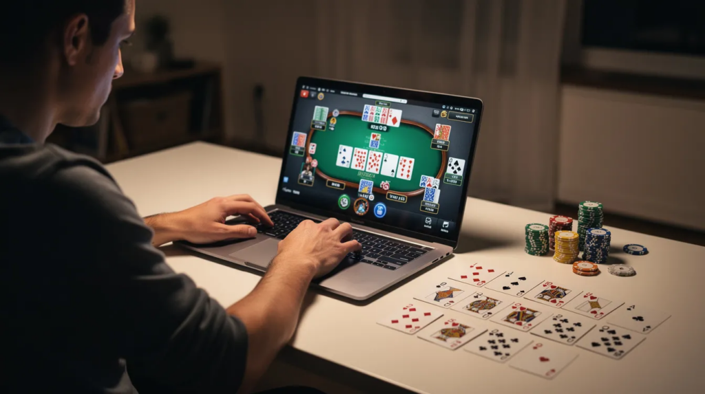 Eine Person sitzt an einem Tisch und übt ihre Pokerstrategie auf einem Laptop, während sie Karten wie ein Pokerblatt und Hole Cards in der Nähe hat. Die Szene vermittelt eine konzentrierte Atmosphäre, in der der Spieler die Wahrscheinlichkeiten und Rangfolgen der Poker Hände analysiert.