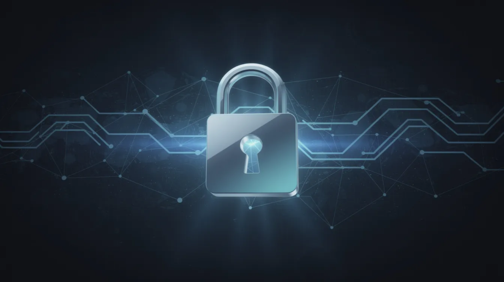 Das Bild zeigt ein Sicherheitsschloss-Symbol, das vor einem digitalen Netzwerk-Hintergrund platziert ist, was auf die Sicherheit von Online-Zahlungen hinweist, wie sie in Online-Casinos mit Sofortüberweisung verwendet werden. Diese Darstellung vermittelt das Gefühl von Schutz und Vertrauenswürdigkeit in Bezug auf Zahlungsmethoden wie bei Online Casinos mit Sofortüberweisung.