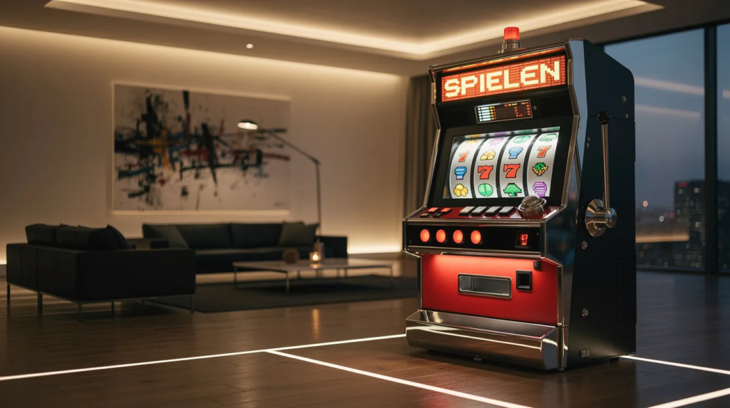 Ein Retro-Spielautomat steht in einer modernen Lounge, umgeben von stilvollem Mobiliar und sanfter Beleuchtung. Der Automat, der keine sichtbaren Markennamen trägt, erinnert an klassische Merkur Spiele und bietet den Spielern die Möglichkeit, in die Welt der Online Slots einzutauchen.