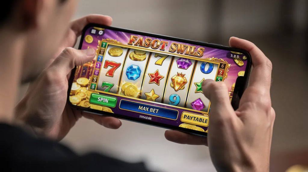 Eine Person spielt auf ihrem Smartphone ein farbenfrohes Casinospiel, das an die Welt der Online Slots erinnert, mit lebendigen Animationen und spannenden Gewinnlinien. Das Spiel bietet eine abwechslungsreiche Spielerfahrung ohne erkennbare Marken und zieht den Spieler mit seinen aufregenden Funktionen in seinen Bann.