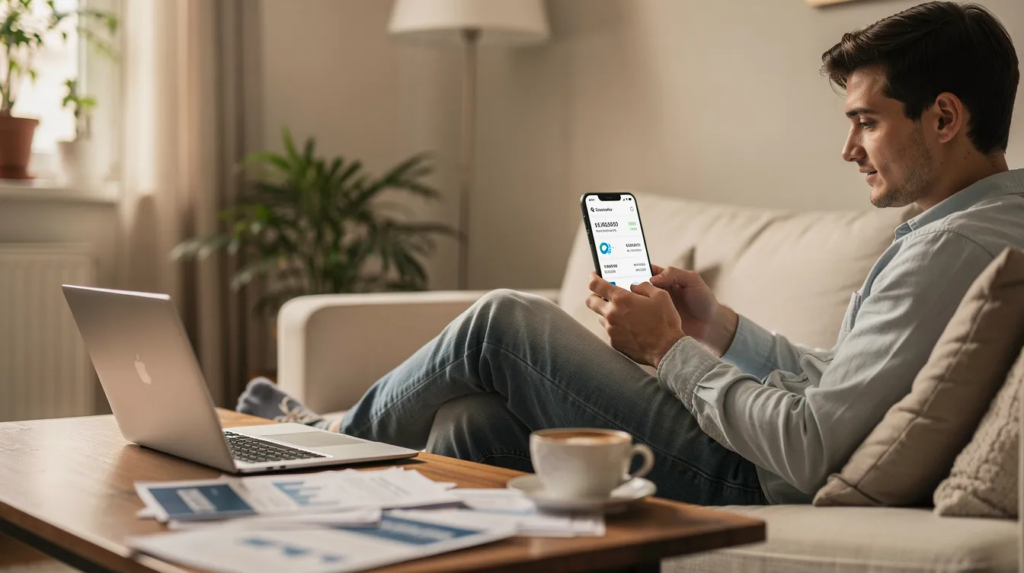 Eine Person sitzt entspannt in einer gemütlichen Umgebung und nutzt ihr Smartphone für Online Banking, um bequem Zahlungen zu tätigen. Die Szene vermittelt eine ruhige Atmosphäre, während die Person möglicherweise auch an Online Casinos denkt, die Sofortüberweisung als Zahlungsmethode anbieten.