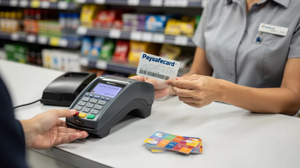 An der Kasse eines Einzelhandelsgeschäfts wird ein Paysafecard-Gutschein gekauft, der als beliebte Prepaid-Zahlungsmethode für Paysafecard Online Casinos dient. Der Käufer hält den Gutschein in der Hand, während der Kassierer den Vorgang mit einem Scanner bestätigt.