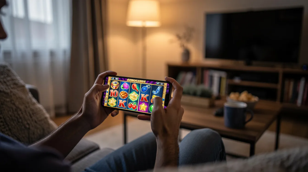 Eine Person sitzt in einem gemütlichen Wohnzimmer und spielt auf ihrem Mobiltelefon Online-Casino-Spiele. Die Atmosphäre vermittelt ein Gefühl von Casino-Feeling, während der Spieler die verschiedenen Spiele in einer Online Spielothek mit deutscher Lizenz erkundet.