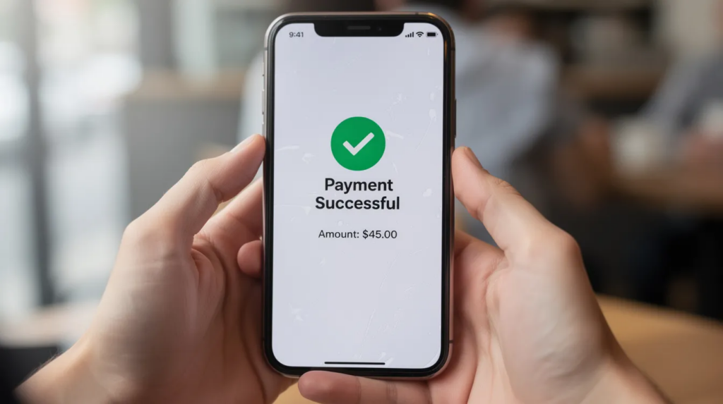 Zwei Hände halten ein Smartphone, auf dessen Bildschirm eine Zahlungsbestätigung für ein Online Casino zu sehen ist. Diese zeigt die erfolgreiche Einzahlung mit der Prepaid Zahlungsmethode Paysafecard an, die für Spieler in Deutschland eine sichere und anonyme Option in Paysafecard Online Casinos darstellt.