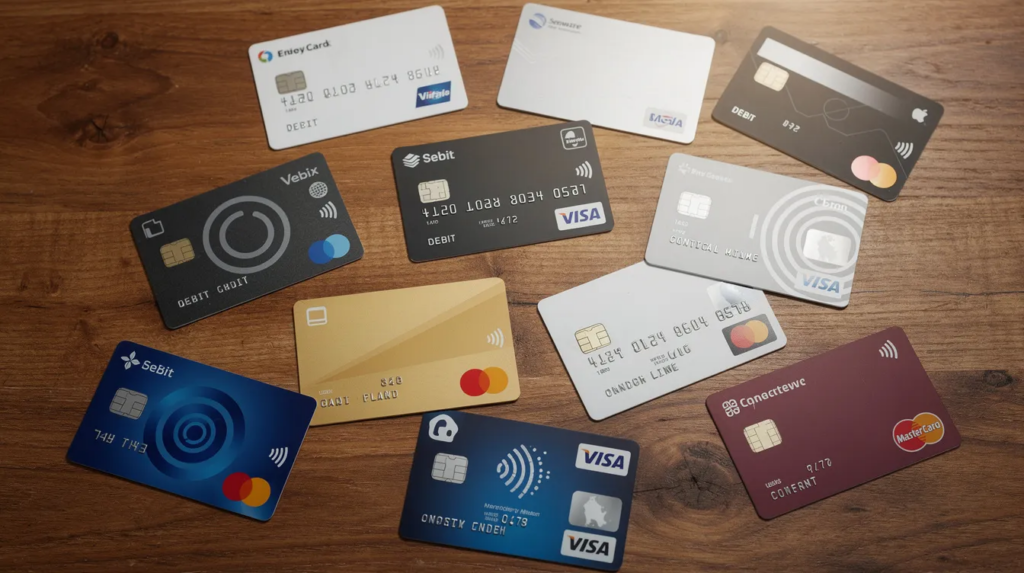 Auf einem Holztablett liegen verschiedene Zahlungsmethoden-Karten und Logos, darunter auch die Paysafecard, die oft in Online-Casinos verwendet wird. Diese Karten repräsentieren eine sichere und anonyme Möglichkeit, Einzahlungen in Online-Spielotheken vorzunehmen.