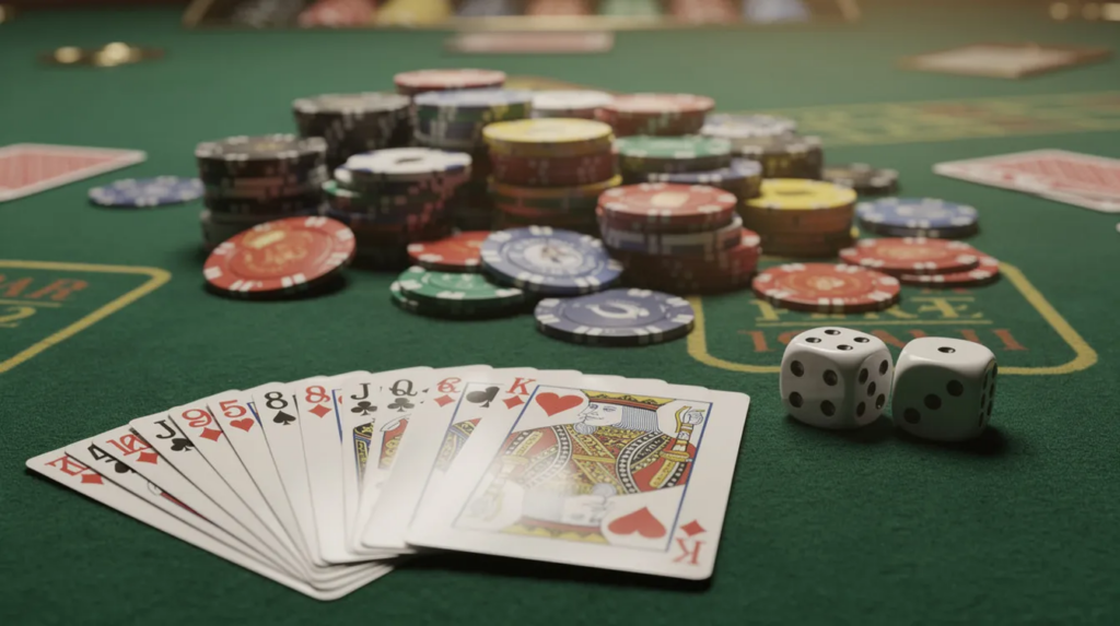 Auf einem grünen Filztisch liegen Spielkarten, bunte Chips und Würfel, die auf eine spannende Runde von Casino-Spielen wie Online-Poker oder Glücksspielen in Deutschland hinweisen. Die Atmosphäre vermittelt das Gefühl von Freiheit und der Chance auf einen großen Gewinn.