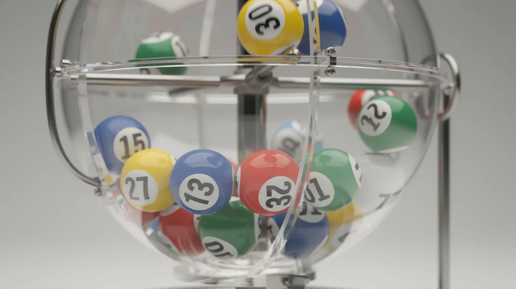 In der transparenten Trommel befinden sich bunte Lottokugeln, die fröhlich durcheinander rollen und auf das große Glück der Spieler warten. Diese Szene symbolisiert die aufregende Welt der Lotterien und das Streben nach Millionen Euro durch Glücksspiele.