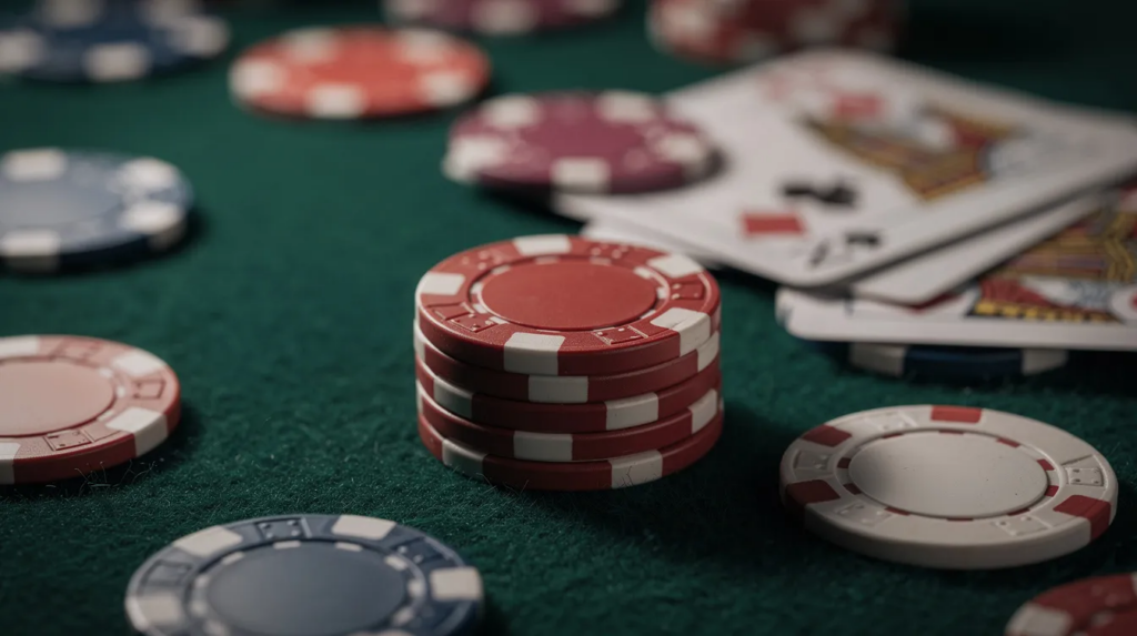 Die Nahaufnahme zeigt bunte Spielchips und Karten auf einem grünen Tisch, der typisch für Casinos ist. Diese Szene vermittelt das Gefühl von Spannung und Erwartung, das beim Spielen in Online Casinos mit Curaçao Lizenz entsteht.