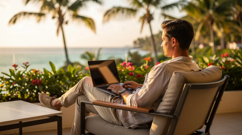 Eine Person sitzt entspannt auf einer Hotelterrasse mit tropischem Hintergrund und arbeitet am Laptop. Die Szenerie vermittelt ein Gefühl von Urlaub und Entspannung, während die Umgebung ideal für Online-Glücksspiel und das Spielen in Curaçao Casinos ist.