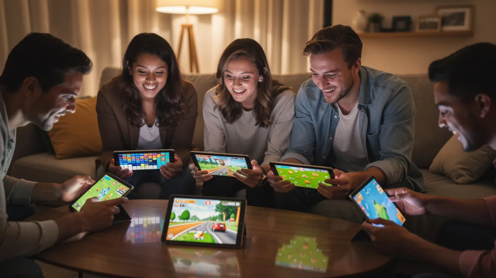 Eine Gruppe von Personen betrachtet spielerisch verschiedene mobile Spieloberflächen auf Tablets, die verschiedene Novoline Spiele und Spielautomaten zeigen. Die Bildschirme präsentieren aufregende Grafiken und Funktionen, die für die Unterhaltung in Online Casinos typisch sind.